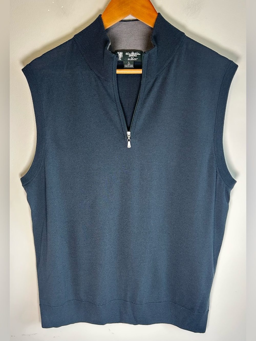 Brooks Brothers 100% Saxxon Wool Men’s Blue Green 1/4 Zip Vest Sweater Size L
